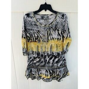 Onque Casuals Womens Tunic Embellished Abstract Top 3/4 Sleeve Petite Large